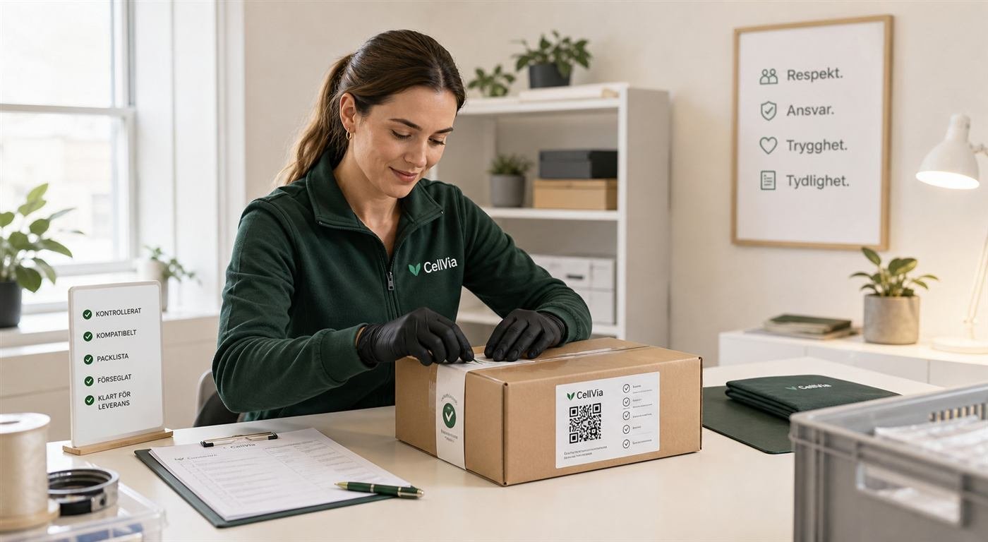 CellVia-medarbetare kontrollerar och förbereder ett paket