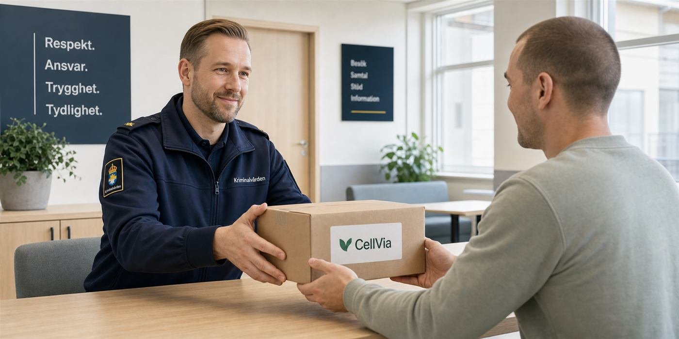 En svensk anstaltsmedarbetare tar emot ett CellVia-paket på ett lugnt och respektfullt sätt