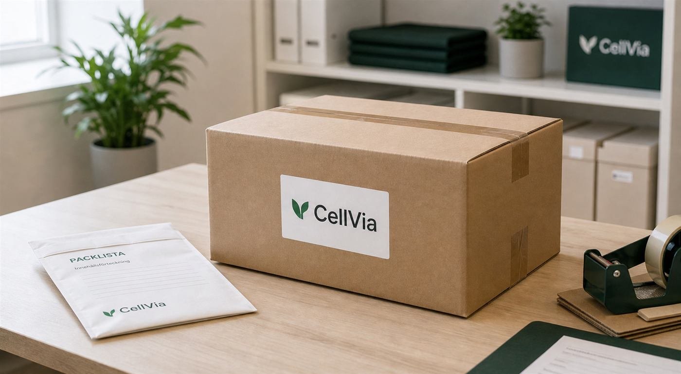 Ett stängt och prydligt CellVia-paket står redo för leverans
